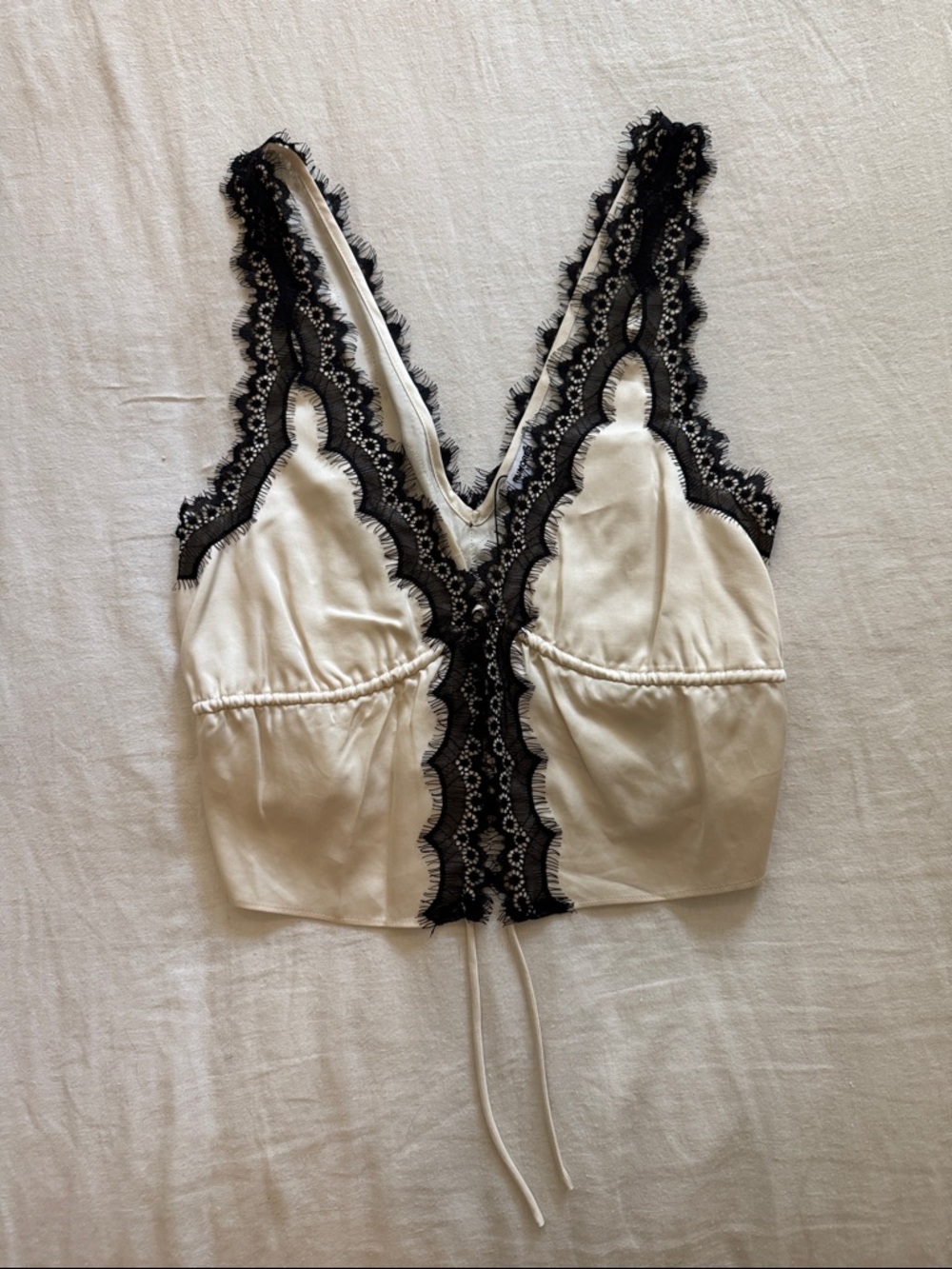 Rumored Ivory Crop Top with Black Lace Trim